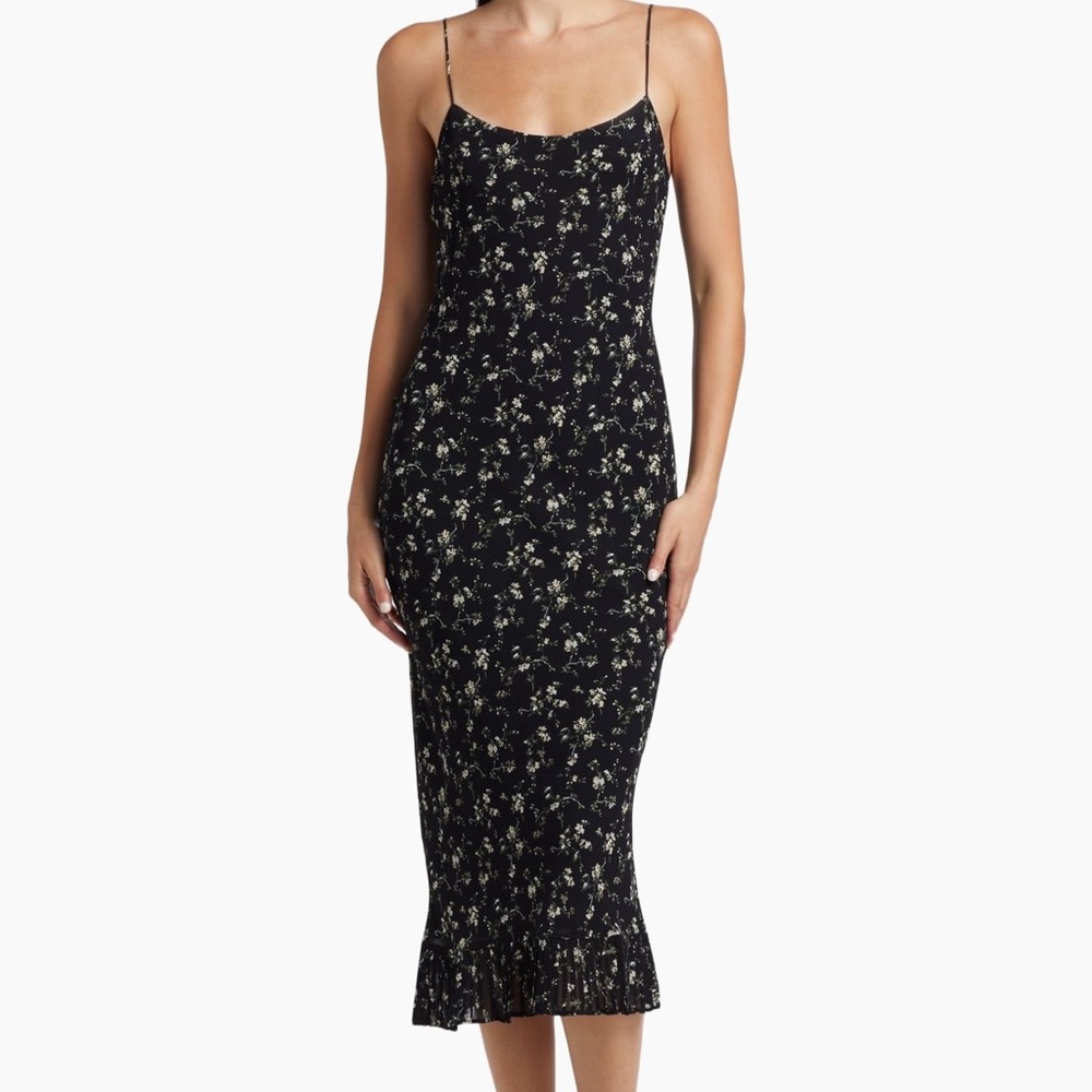 Black Floral Slip Midi Dress with Ruffle Hem